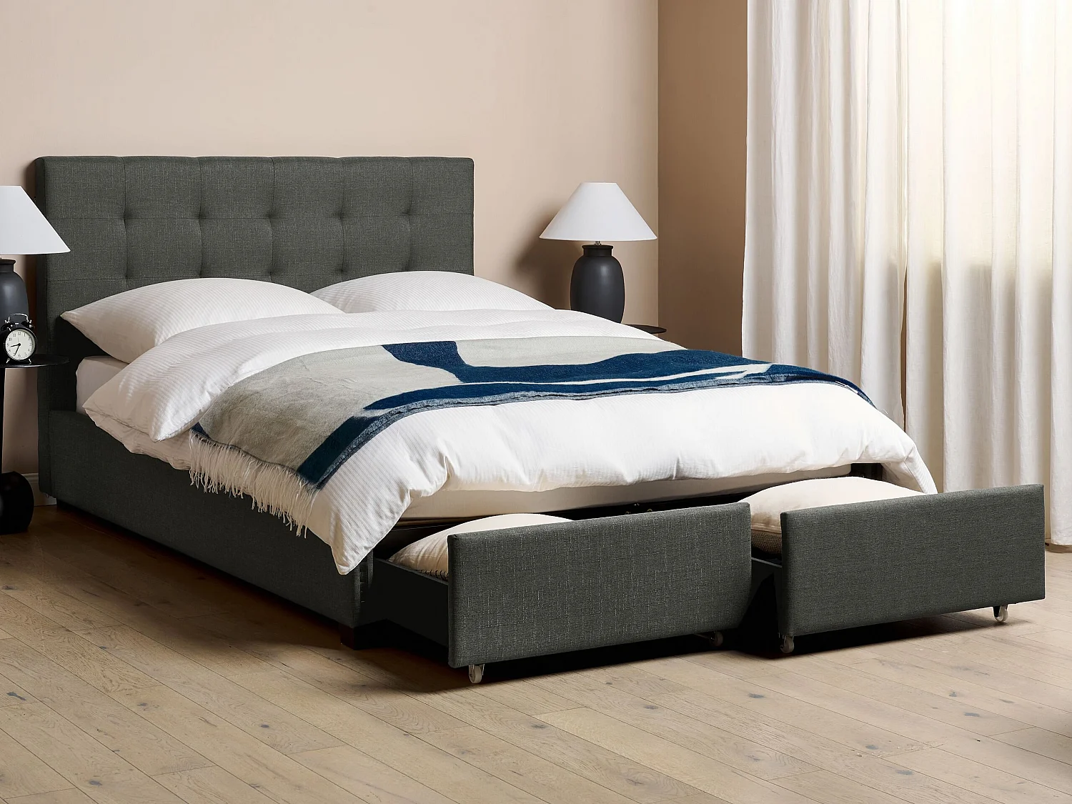 Lit avec tiroirs de rangement Tissu LA ROCHELLE 140 x 200 cm Gris foncé