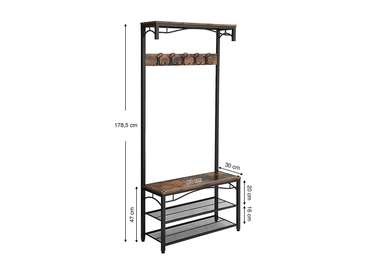 Cabide para móveis de hall de entrada com sapateira de banco e ganchos industriais 12_0000892