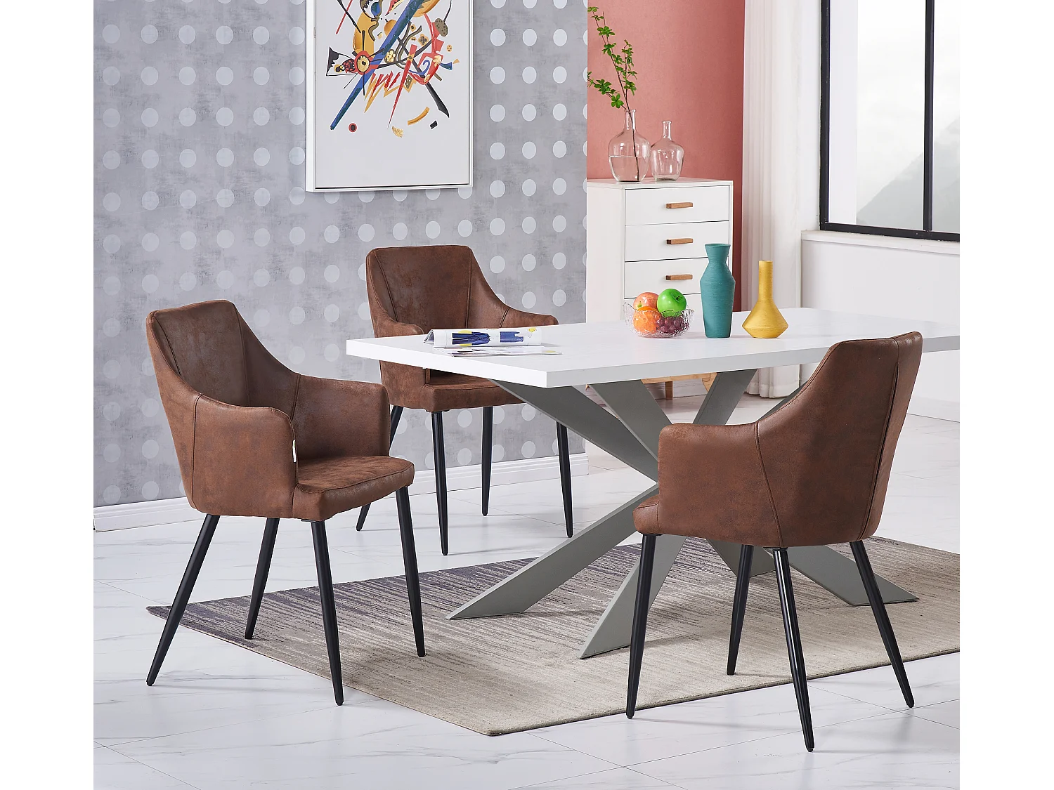 ZARAH DUKE - Table à Manger Blanche + 4 Chaises en Simili Cuir Marron - Style Design & Contemporain