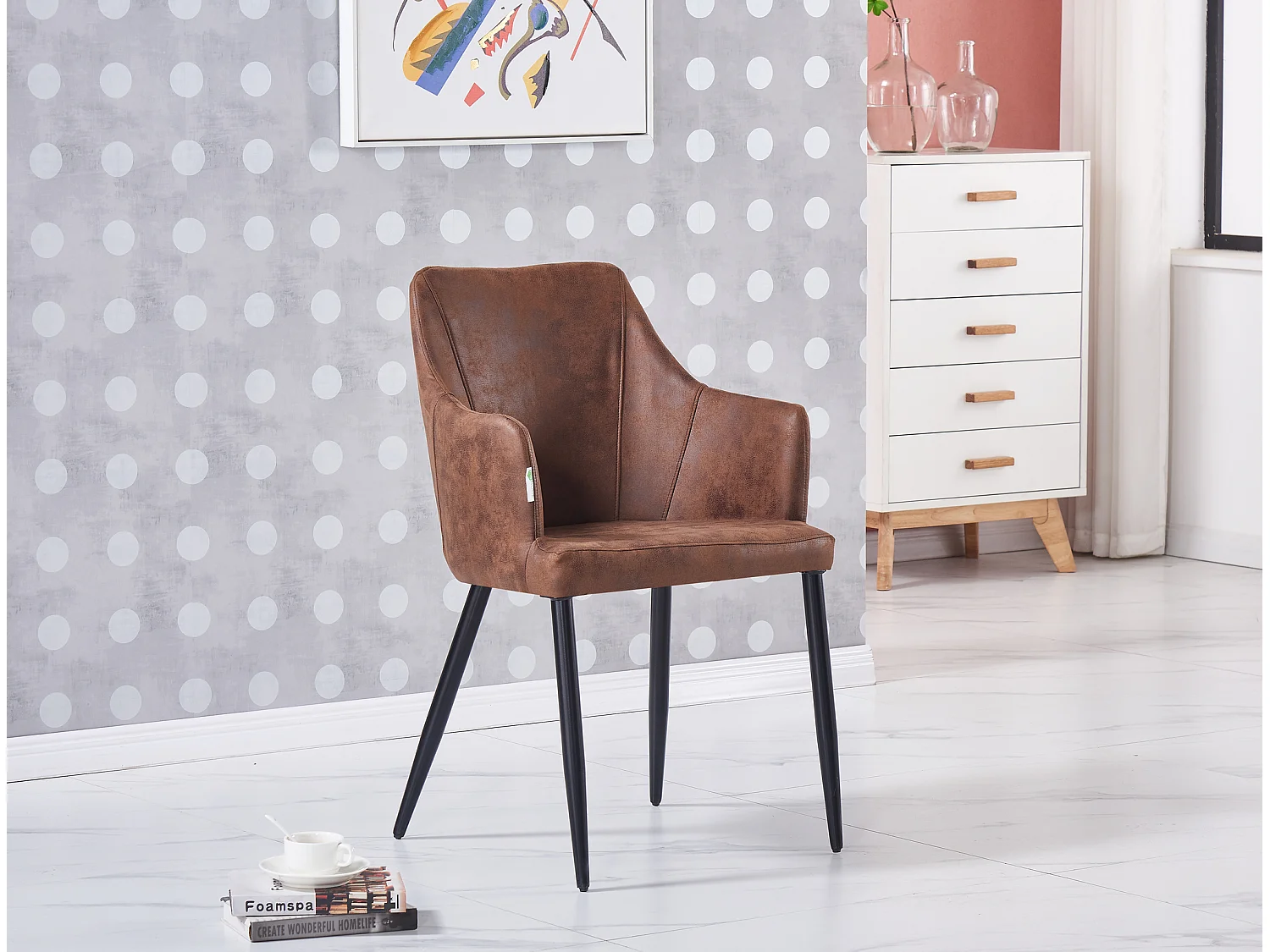 ZARAH DUKE - Table à Manger Blanche + 4 Chaises en Simili Cuir Marron - Style Design & Contemporain