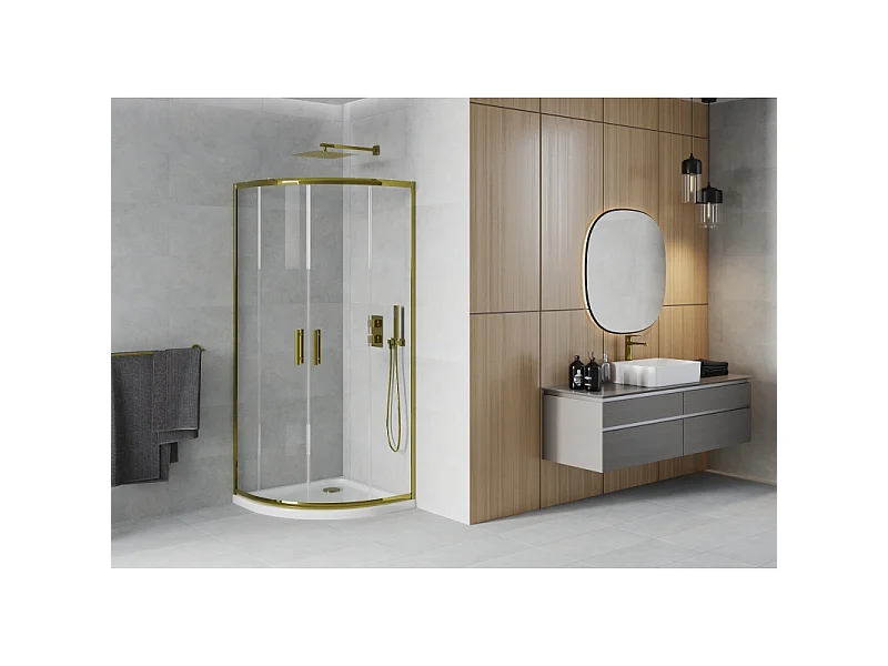 Mexen Rio halvrund brusekabine 80 x 80 cm, transparent, guld + Flat brusekar, hvid - 863-080-080-50-00-4110G
