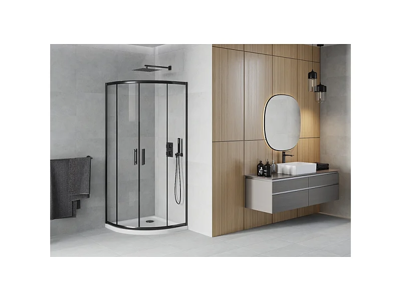 Mexen Rio Halbrunde Duschkabine 90 x 90 cm, transparent, schwarz + Flat Duschwanne, weiß - 863-090-090-70-00-4110B