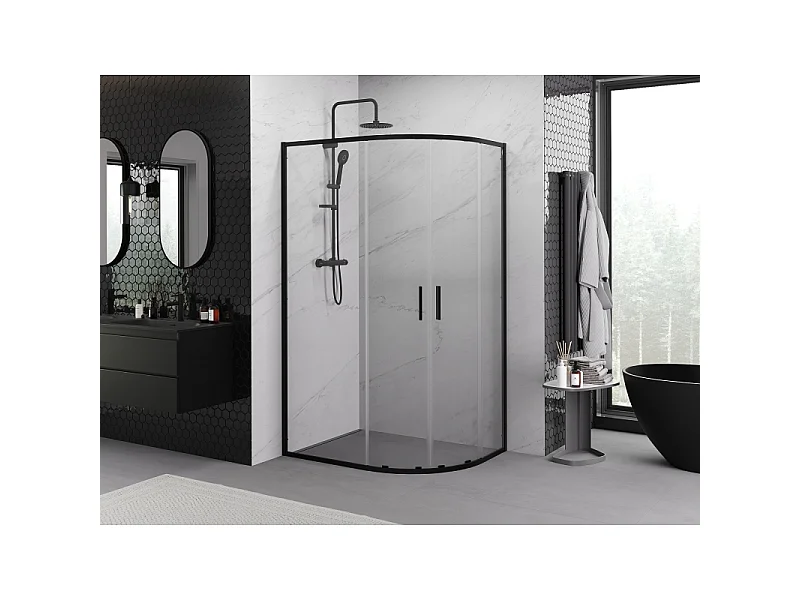 Mexen Exo cabine de duche semicircular assimétrica de correr 90 x 80 cm, transparente, preta - 8132-090-080-70-00