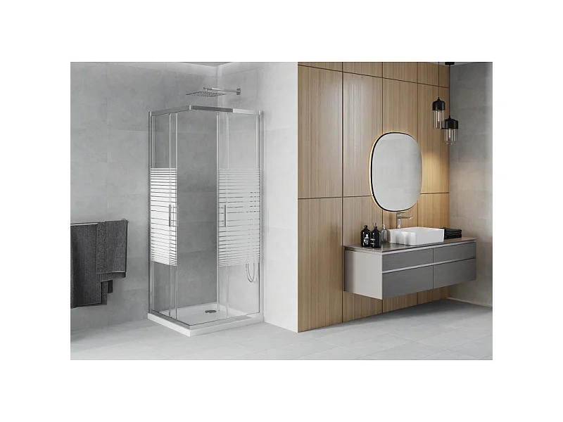 Mexen Rio kvadratisk brusekabine 70 x 70 cm, hvide striber, krom + Flat bundkar, hvid - 860-070-070-01-20-4010