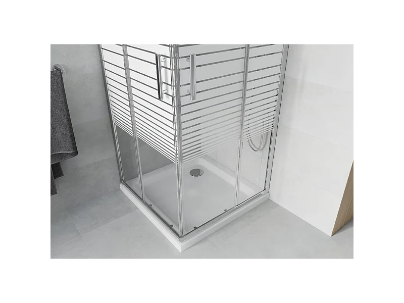 Mexen Rio kvadratisk brusekabine 70 x 70 cm, hvide striber, krom + Flat bundkar, hvid - 860-070-070-01-20-4010