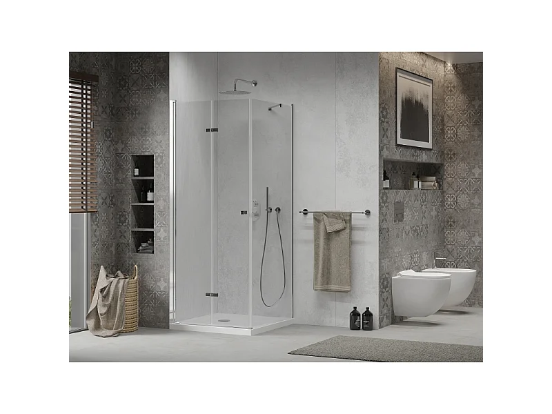 Mexen Lima faltbare Duschkabine 80 x 80 cm, transparent, Chrom + Duschwanne Flat - 856-080-080-01-00-4010