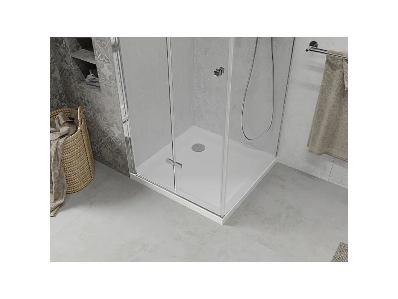 Mexen Lima faltbare Duschkabine 80 x 80 cm, transparent, Chrom + Duschwanne Flat - 856-080-080-01-00-4010