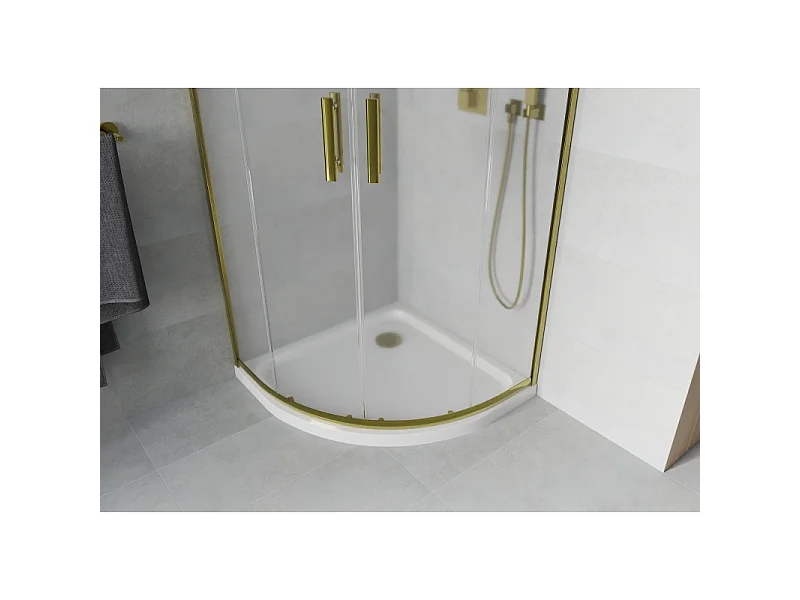 Mexen Rio halvcirkelformet brusekabine 80 x 80 cm, frostet, guld + Flat brusebad, hvid - 863-080-080-50-30-4110G