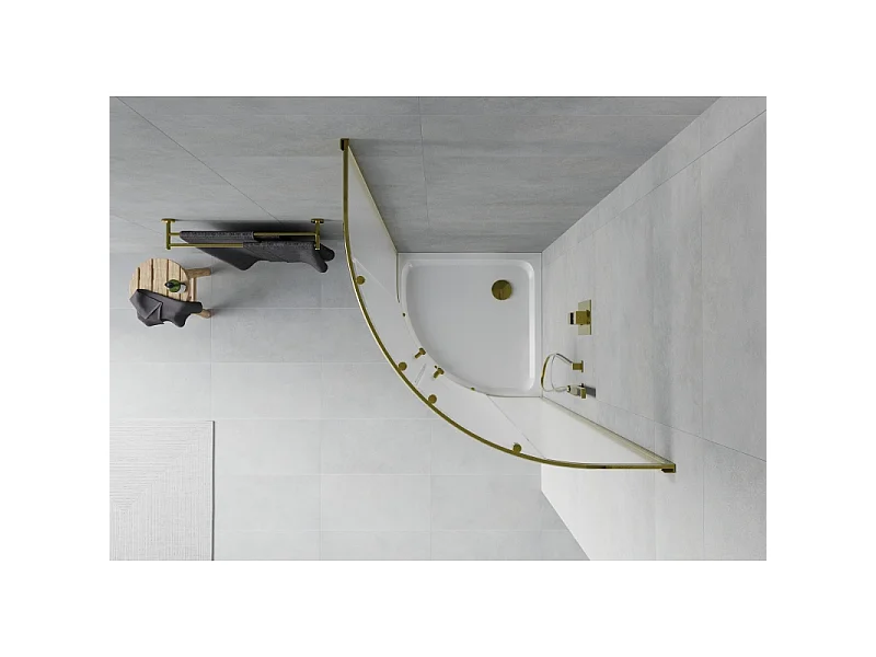 Mexen Rio halvcirkelformet brusekabine 80 x 80 cm, frostet, guld + Flat brusebad, hvid - 863-080-080-50-30-4110G