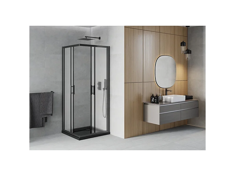 Mexen Rio kvadratisk brusekabine 90 x 90 cm, frostet, sort + Flat brusekar, sort - 860-090-090-70-30-4070B
