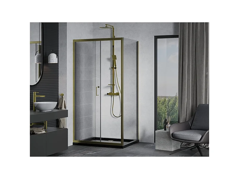 Mexen Apia skydedørsbrusekabine 100 x 90 cm, transparent, guld + Flat brusekar, sort - 840-100-090-50-00-4070G