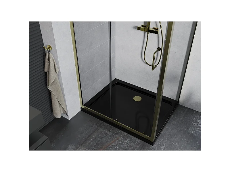Mexen Apia skydedørsbrusekabine 100 x 90 cm, transparent, guld + Flat brusekar, sort - 840-100-090-50-00-4070G