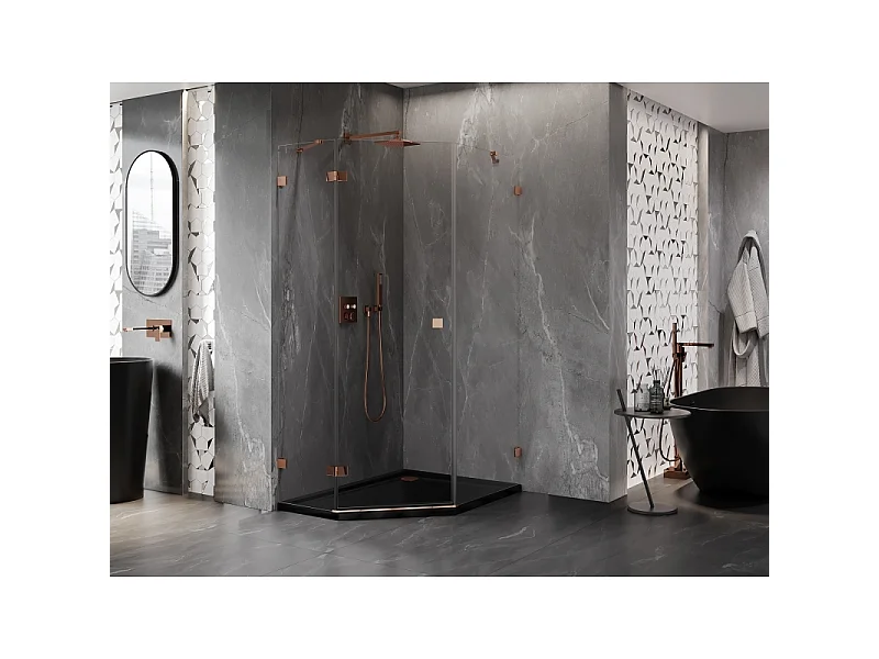 Mexen Lunar cabine de douche pentagonale à charnière gauche 80 x 90 cm, transparent, or rose - 831-080L-090P-60-00-L