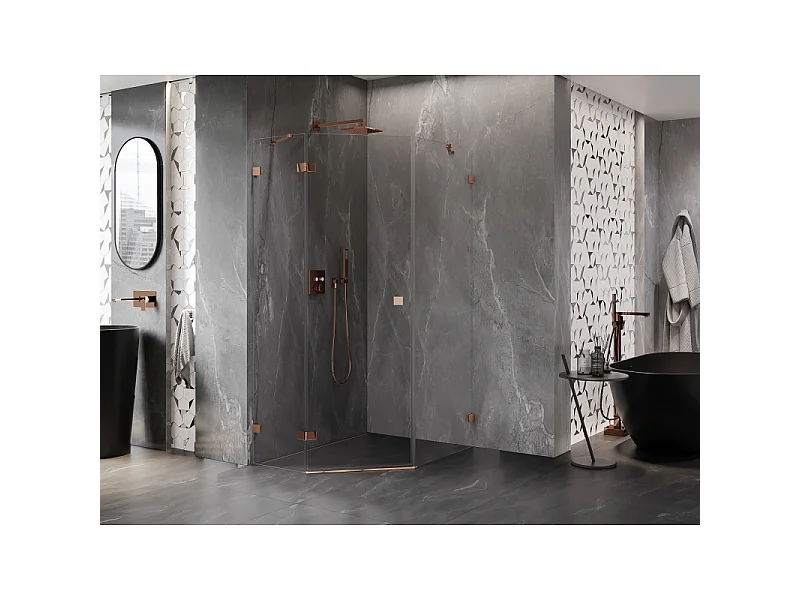 Mexen Lunar cabine de douche pentagonale à charnière gauche 80 x 90 cm, transparent, or rose - 831-080L-090P-60-00-L