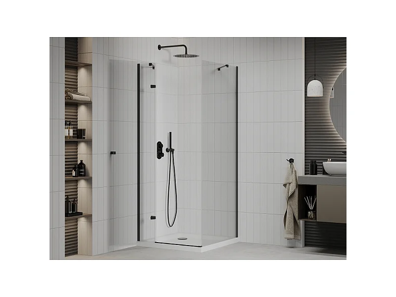 Mexen Roma draaibare douchecabine 90 x 90 cm, transparant, zwart + Flat douchebak, wit - 854-090-090-70-00-4010B