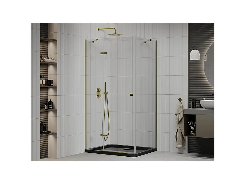 Mexen Roma svingbar brusekabine 90 x 100 cm, transparent, guld + Flat bundkar, sort - 854-090-100-50-00-4070G