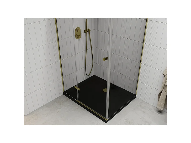 Mexen Roma svingbar brusekabine 90 x 100 cm, transparent, guld + Flat bundkar, sort - 854-090-100-50-00-4070G