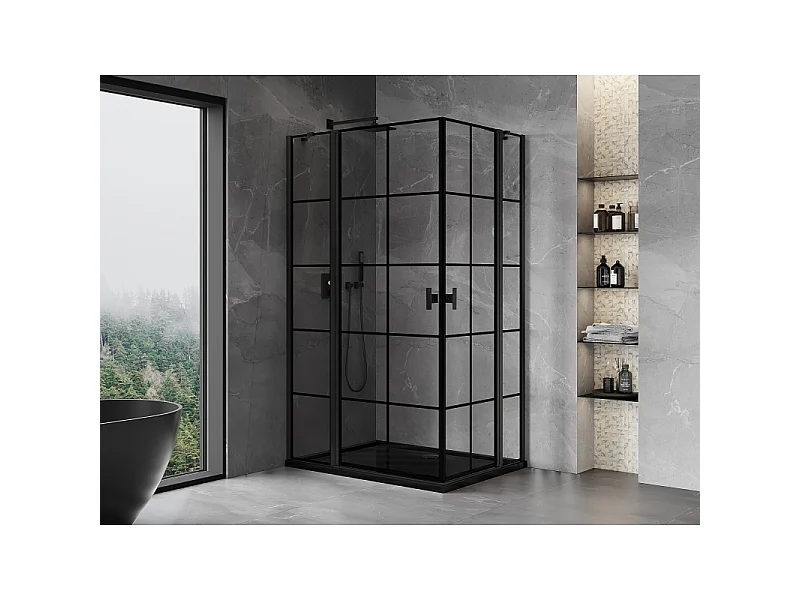 Mexen Mist Duo cabine de douche pivotante 115 x 85 cm, grille noire, noir - 8A4-115L-085P-70-77
