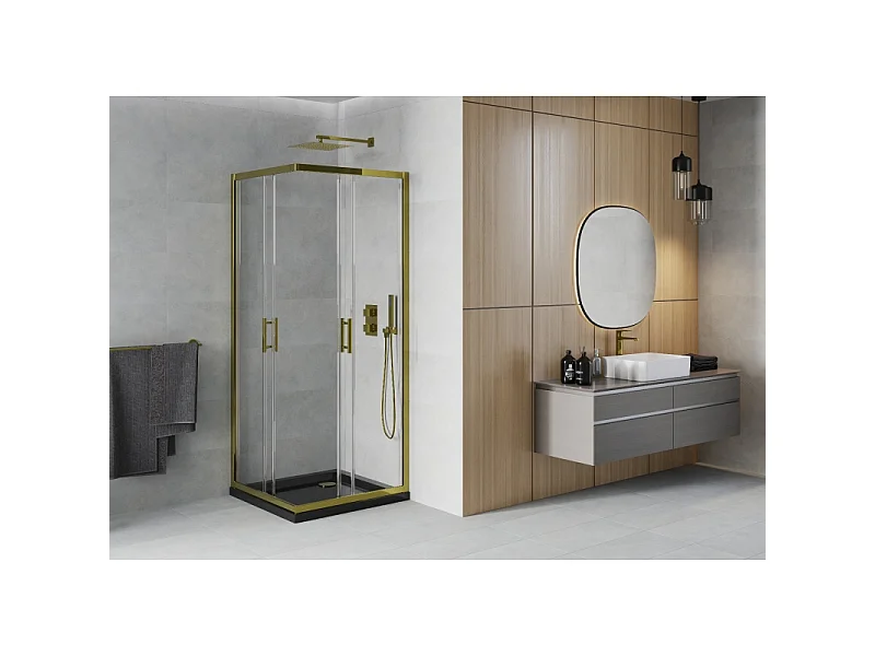 Mexen Rio kvadratisk brusekabine 70 x 70 cm, transparent, guld + Flat brusekar, sort - 860-070-070-50-00-4070G