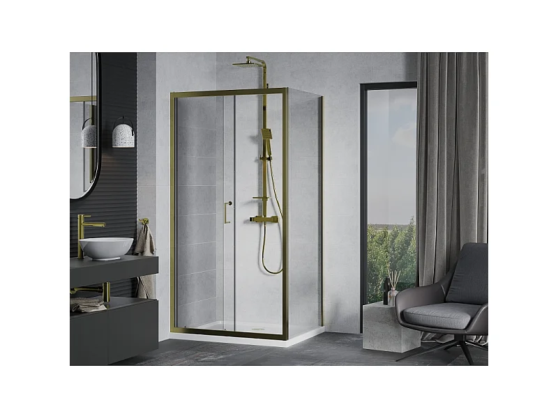 Mexen Apia skydeduschkabine 90 x 80 cm, transparent, guld + Flat brusekar, hvid - 840-090-080-50-00-4010G