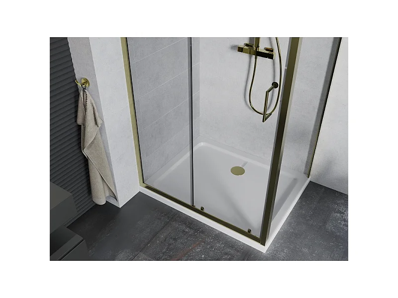 Mexen Apia skydeduschkabine 90 x 80 cm, transparent, guld + Flat brusekar, hvid - 840-090-080-50-00-4010G