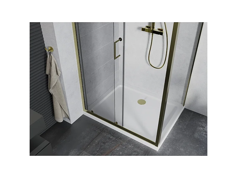 Mexen Apia skydeduschkabine 90 x 80 cm, transparent, guld + Flat brusekar, hvid - 840-090-080-50-00-4010G