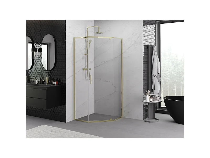 Mexen Exo cabina de ducha pentagonal abatible 100 x 100 cm, transparente, dorada - 812-100-100-50-00