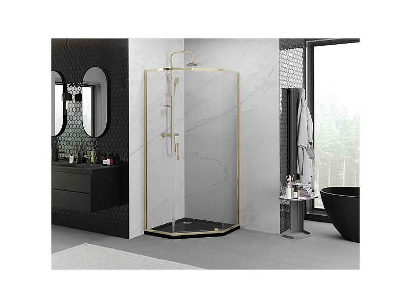 Mexen Exo cabina de ducha pentagonal abatible 100 x 100 cm, transparente, dorada - 812-100-100-50-00