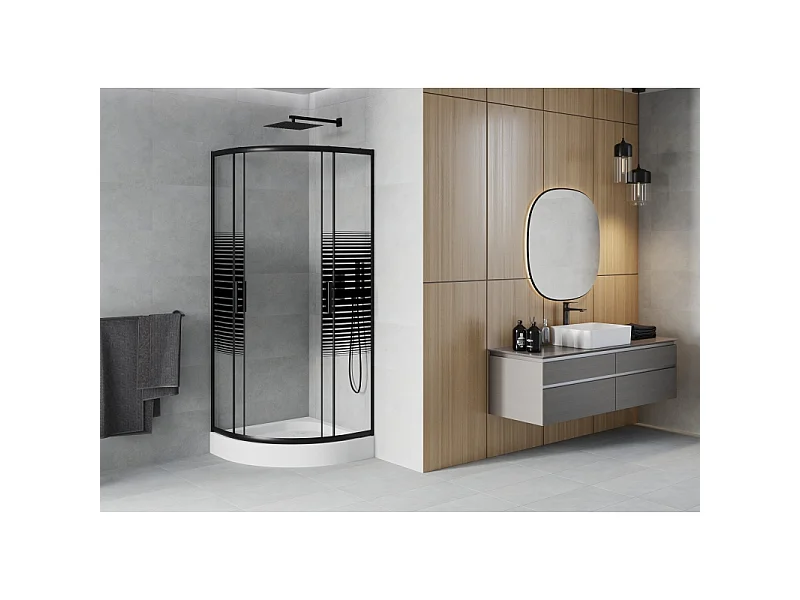 Mexen Rio halve ronde douchecabine 70 x 70 cm, zwarte strepen, zwart + douchebak, wit - 863-070-070-70-20-4710