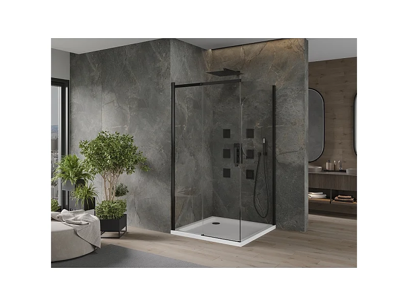 Mexen Omega tuindeurscherm schuifbaar 100 x 100 cm, transparant, zwart + Flat douchebak, wit - 825-100-100-70-00-4010B