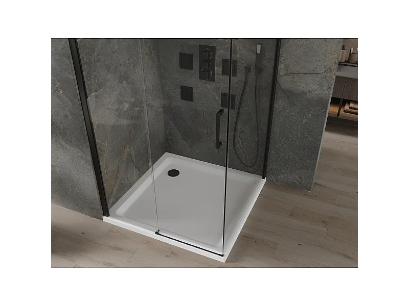 Mexen Omega tuindeurscherm schuifbaar 100 x 100 cm, transparant, zwart + Flat douchebak, wit - 825-100-100-70-00-4010B