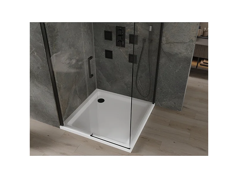 Mexen Omega tuindeurscherm schuifbaar 100 x 100 cm, transparant, zwart + Flat douchebak, wit - 825-100-100-70-00-4010B