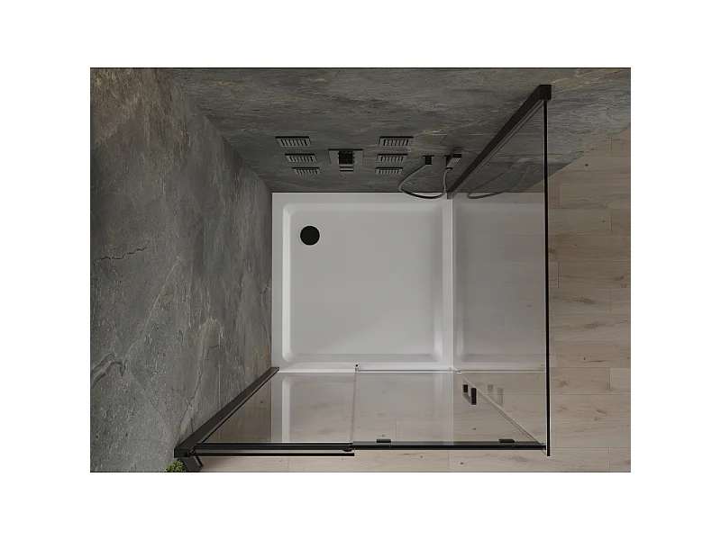 Mexen Omega tuindeurscherm schuifbaar 100 x 100 cm, transparant, zwart + Flat douchebak, wit - 825-100-100-70-00-4010B