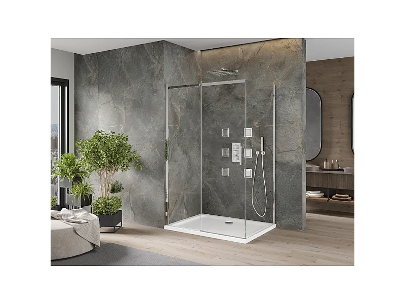 Mexen Omega skydedør-brusekabine 120 x 100 cm, transparent, krom + fladt brusekar - 825-120-100-01-00-4010