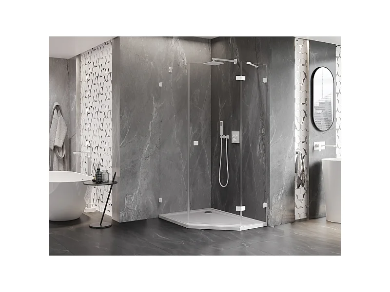 Mexen Lunar pentagonal right hinged shower enclosure 80 x 100 cm, transparent, white - 831-080P-100L-20-00-P