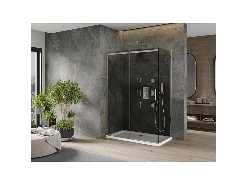 Mexen Omega kabina prysznicowa rozsuwana 140 x 80 cm, grafit, chrom + brodzik Flat, bialy - 825-140-080-01-40-4010