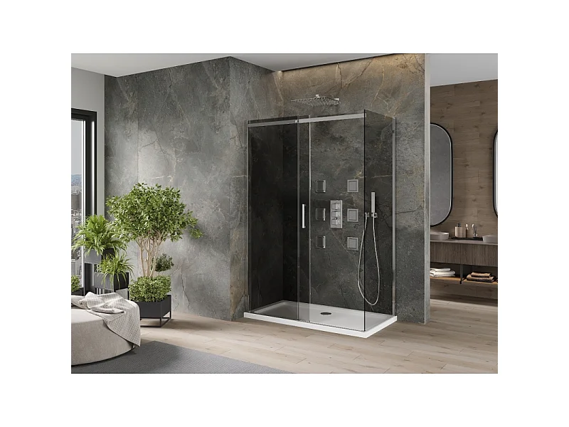Mexen Omega kabina prysznicowa rozsuwana 140 x 80 cm, grafit, chrom + brodzik Flat, bialy - 825-140-080-01-40-4010
