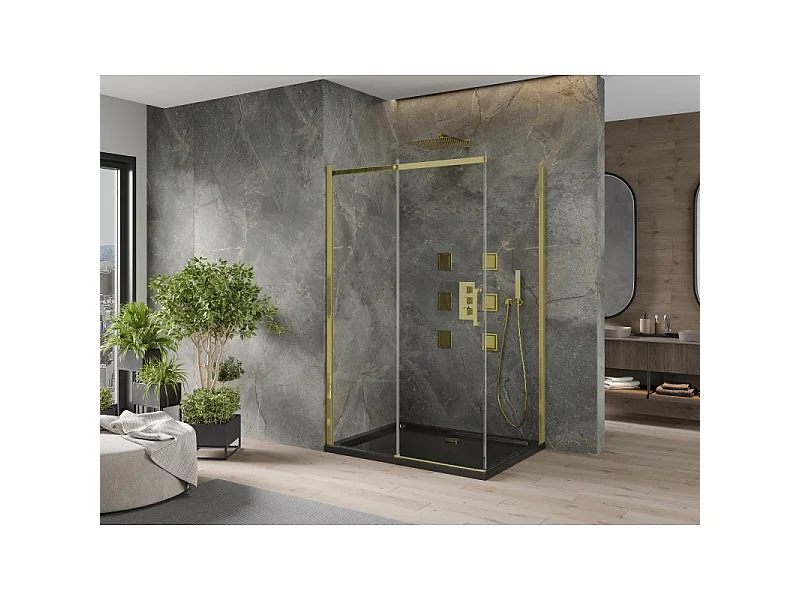 Mexen Omega cabine de douche coulissante 100 x 80 cm, transparent, doré + receveur Flat, noir - 825-100-080-50-00-4070G