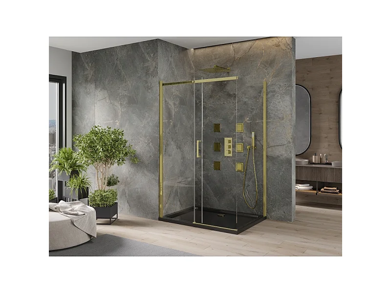 Mexen Omega cabine de douche coulissante 100 x 80 cm, transparent, doré + receveur Flat, noir - 825-100-080-50-00-4070G