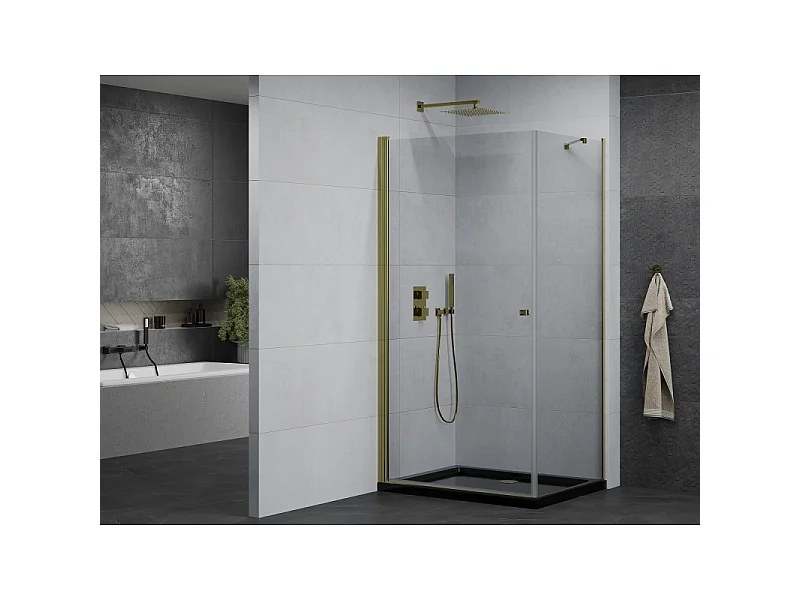 Mexen Pretoria cabine de douche pivotante 100 x 90 cm, transparente, dorée + receveur Flat, noir - 852-100-090-50-00-4070G