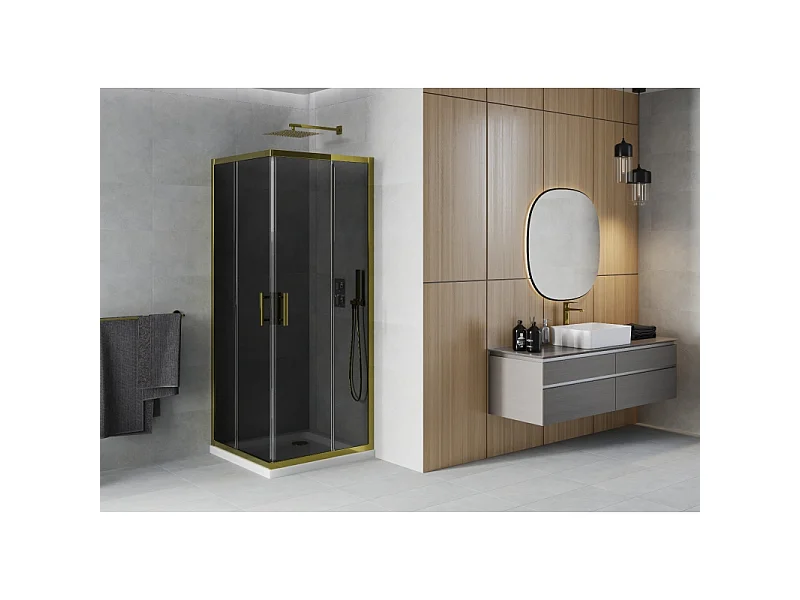 Mexen Rio kabina prysznicowa kwadratowa 90 x 90 cm, grafit, złota + brodzik Flat, biały - 860-090-090-50-40-4010G