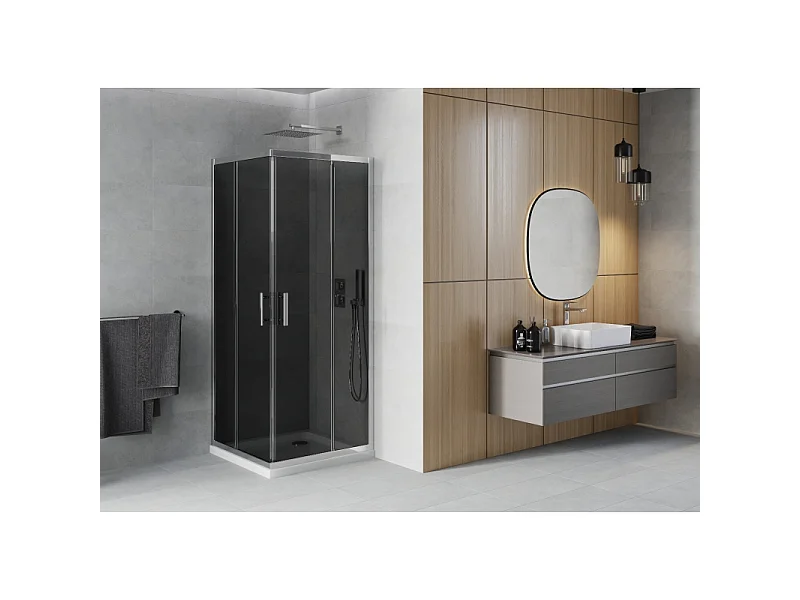 Mexen Rio vierkante douchecabine 70 x 70 cm, grafiet, chroom + Flat douchebak, wit - 860-070-070-01-40-4010