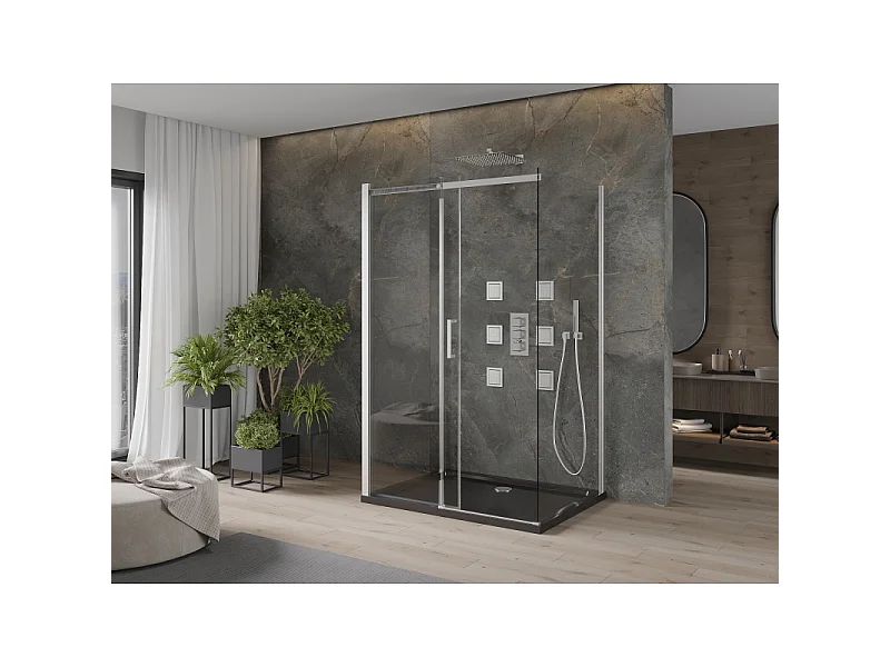 Mexen Omega-3S 3-sidet brusekabine, skydedør 130x100 cm, transparent, krom + Flat brusekar - 825-130-100-01-00-3s-4070