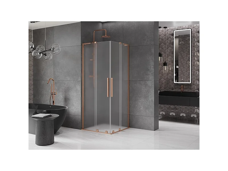 Mexen Velar L Duo douchecabine schuifdeur 80 x 80 cm, matglas, geborsteld koper - 871-080-080-02-33-65