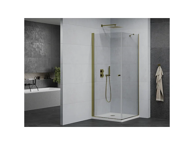 Mexen Pretoria hinged shower enclosure 80 x 80 cm, transparent, gold + Flat tray - 852-080-080-50-00-4010