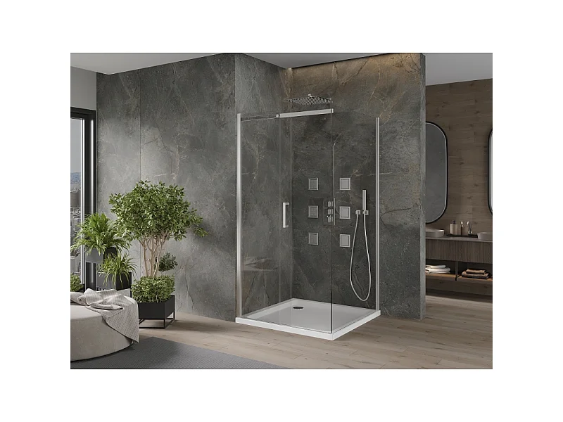 Mexen Omega Schiebetür-Duschkabine 100 x 100 cm, transparent, Chrom + Duschwanne Flat - 825-100-100-01-00-4010