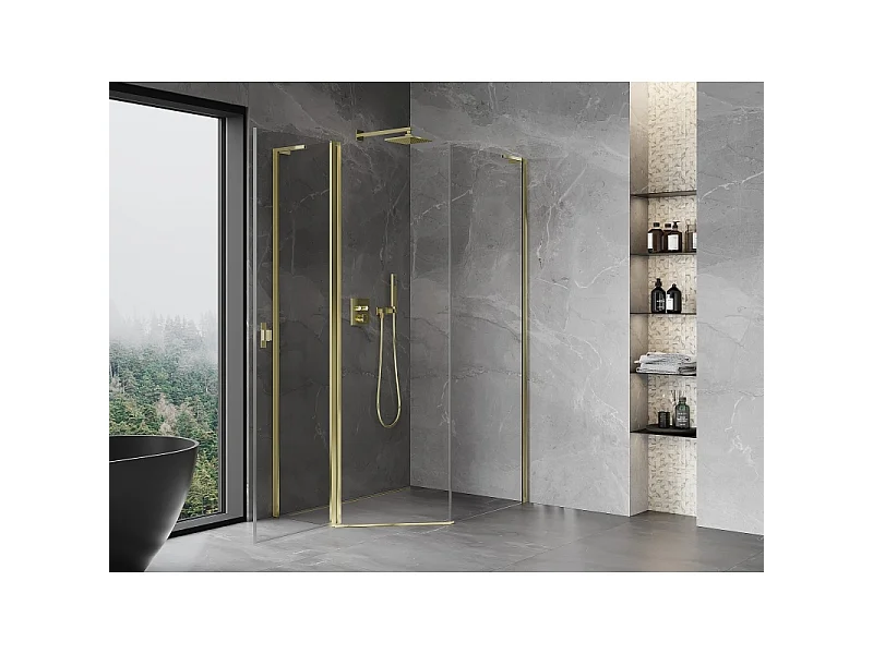 Mexen Mist L cabina de duche pentagonal assimétrica articulada 80 x 100 cm, transparente, dourada - 8A8L-080-100-50-00