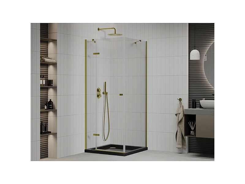 Mexen Roma cabine de douche pivotante 90 x 90 cm, transparente, or + receveur Flat, noir - 854-090-090-50-00-4070G