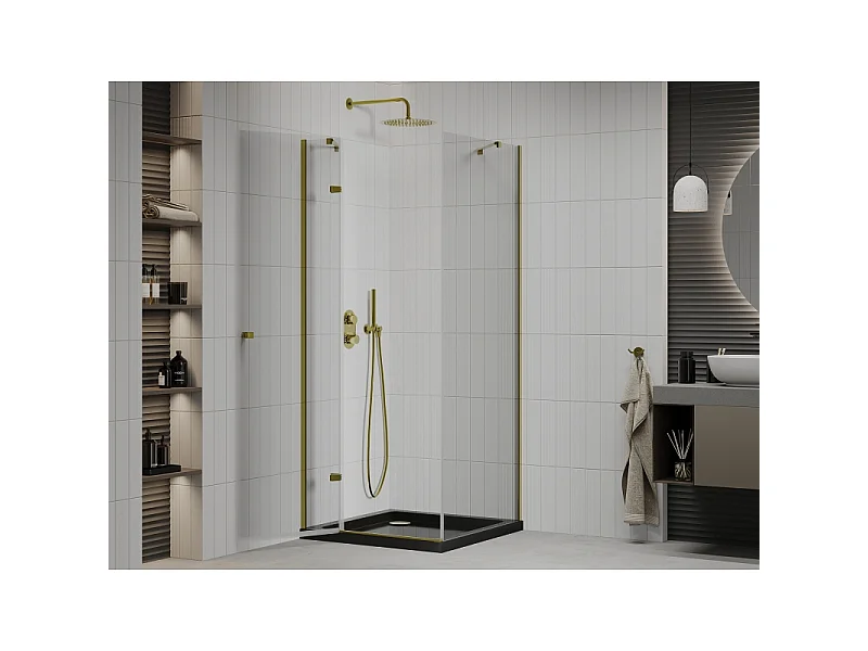 Mexen Roma cabine de douche pivotante 90 x 90 cm, transparente, or + receveur Flat, noir - 854-090-090-50-00-4070G