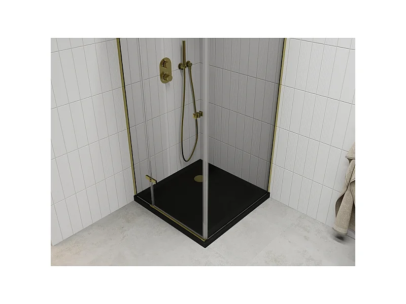 Mexen Roma cabine de douche pivotante 90 x 90 cm, transparente, or + receveur Flat, noir - 854-090-090-50-00-4070G
